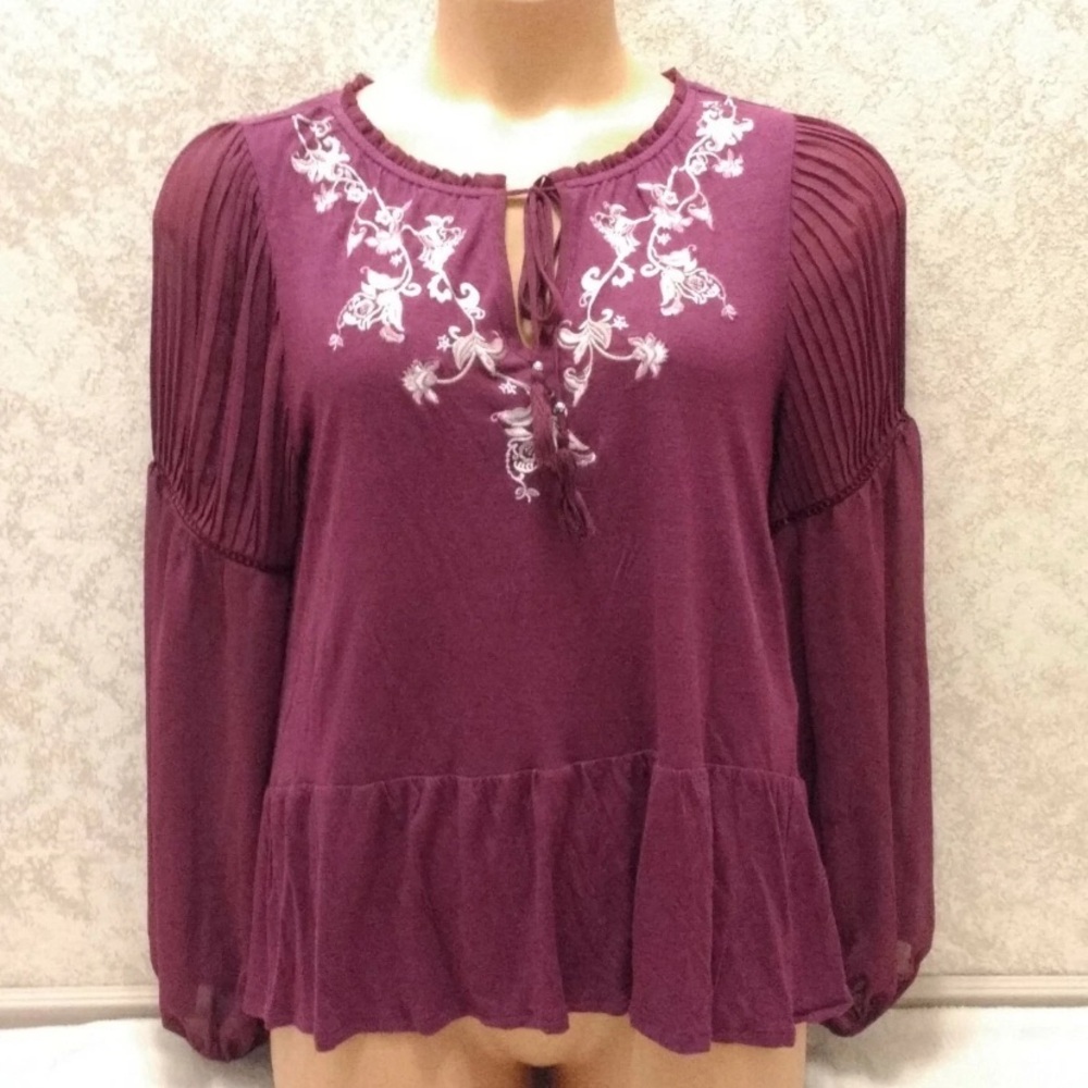 White House Black Market Plum Blouse with Ivory Embroidery